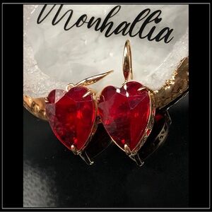 NEW 925 GOLD RED HEART TRANSLUCENT CRYSTAL EARRINGS